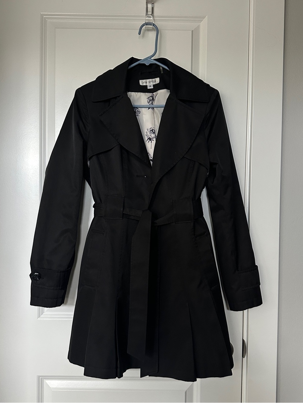 Via Spiga Black Trench Coat with Floral Lining